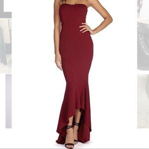 High Low Strapless Burgundy Dress